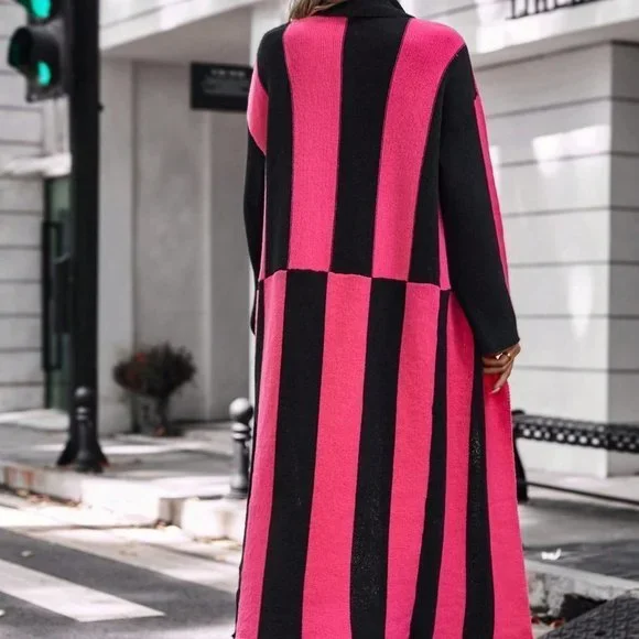 Pink & Black Preppy Womens Two Tone Open Front Longline Cardigan - Picture 2 of 6